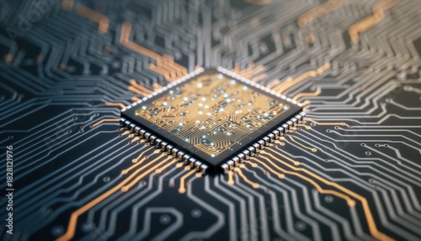 Fototapeta Microchip on circuit board