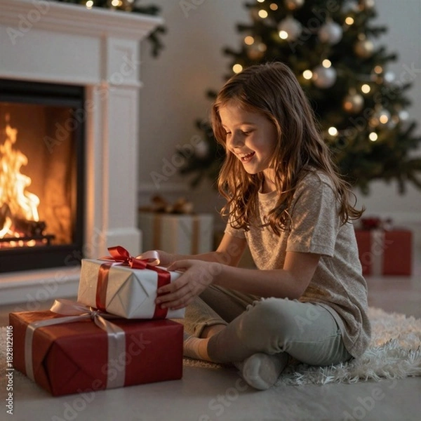 Obraz Young girl sitting by fireplace with gift and hot chocolate on Christmas Eve