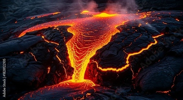 Fototapeta Fiery molten lava flowing across dark rock formations under a dimly lit sky