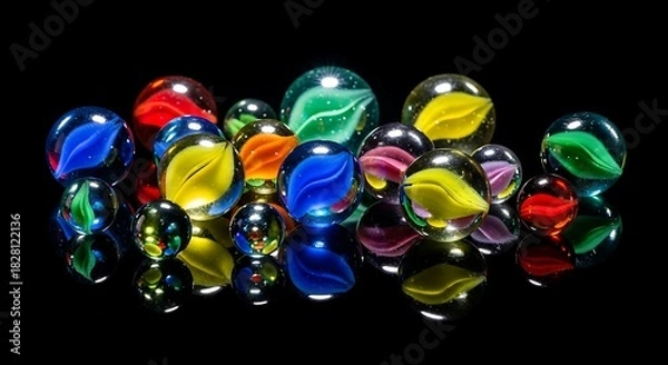 Fototapeta A vibrant collection of glass marbles with intricate swirling patterns, beautifully illuminated and reflecting on a sleek dark surface, creating a mesmerizing visual display