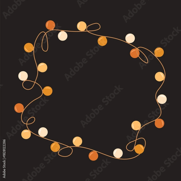 Fototapeta Elegant frame of garlands with festive yellow and white lights on black background in flat style.