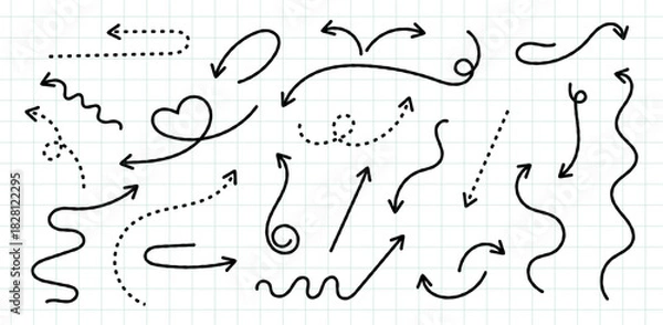 Fototapeta Hand Drawn Doodle Arrows - Sketchy Directional Pointers on Grid Paper
