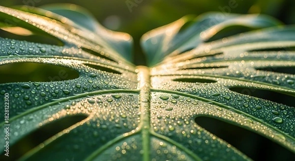 Fototapeta Close-up of a dew-covered monstera leaf, showcasing its intricate details and vibrant green hue in soft natural light