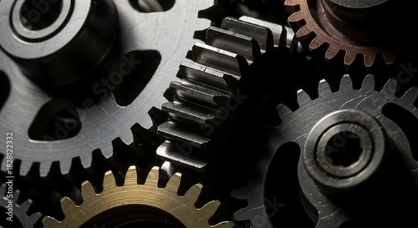 Fototapeta Detailed close-up of shiny metallic gears perfectly interlocked, symbolizing precision, complex mechanics, and the intricate workings of industrial technology and motion systems