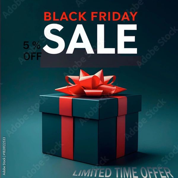 Fototapeta black Friday template and green background ,gift box with red ribbon .