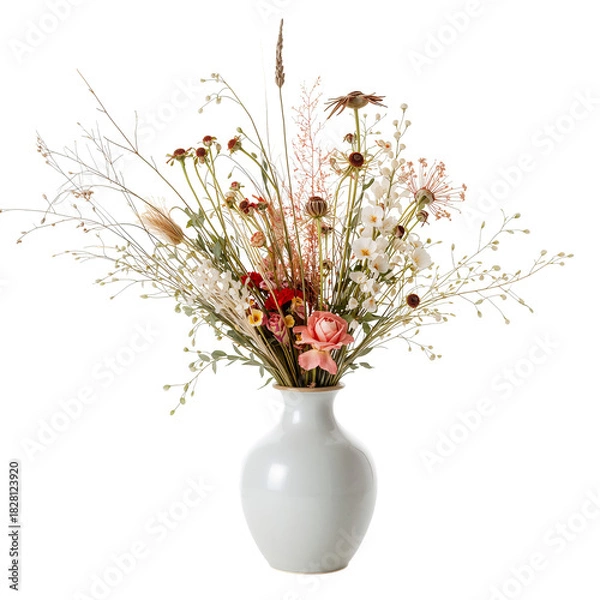 Fototapeta Colorful Dried Flowers Arranged Elegantly in a White Vase on a Neutral Background
