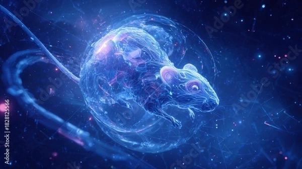 Fototapeta A blue and purple image of a mouse floating in space. The mouse is surrounded by a glowing blue bubble, and the sky is filled with stars. The image has a dreamy, otherworldly feel to it