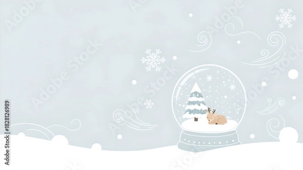 Fototapeta Cute Minimalist Snow Globe with Sleeping Reindeer and Snowy Tree. Soft Winter Background