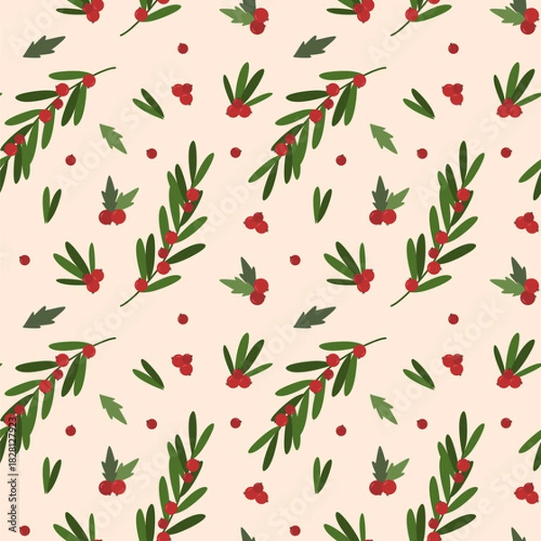 Fototapeta Vector holiday botanical seamless pattern. New Year red berries, branches, holly, green leaves on beige background.