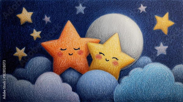 Fototapeta Cute colored-pencil drawing of smiling stars and moon in a dark blue childlike sky