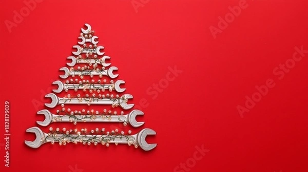 Fototapeta Creative holiday decoration made from wrenches arranged in a Christmas tree shape on a bright red background banner