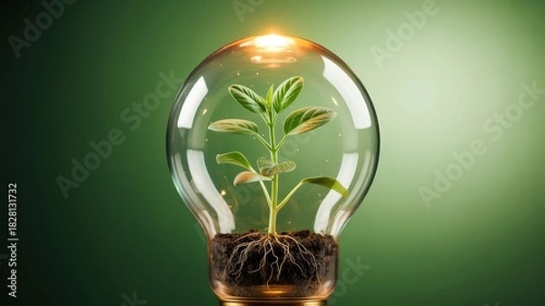 Fototapeta A young plant sprouts within a glowing light bulb, symbolizing new ideas and eco-friendly innovation.