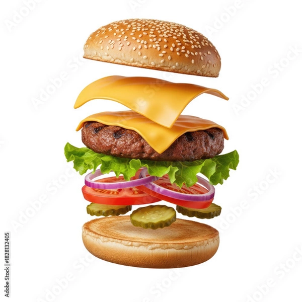 Obraz Deconstructed Cheeseburger Floating on Warm Gradient Background with