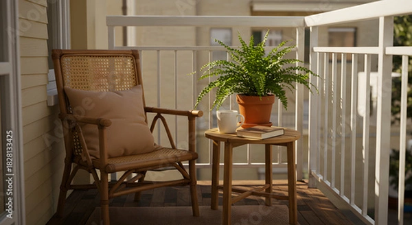 Fototapeta Cozy balcony with wicker chair, wooden table, potted fern, mug, and book, creating an inviting space for relaxation