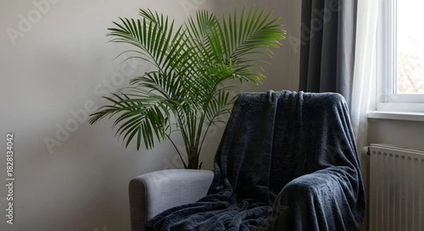 Fototapeta Cozy living room corner with a comfortable armchair draped in a soft blanket, next to a vibrant green palm houseplant by a bright window