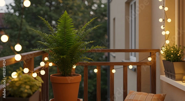 Fototapeta Cozy balcony decorated with warm string lights and potted plants, creating a relaxing outdoor space for evening enjoyment and urban living
