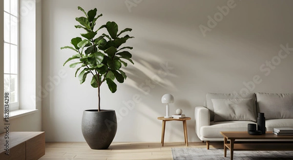 Fototapeta A large fiddleleaf fig plant in a dark pot stands in a bright, modern living room with a comfortable sofa, wooden tables, and natural light