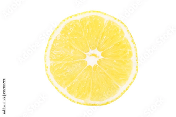 Fototapeta Textured ripe slice of yellow lemon citrus fruit isolated on white background, top view