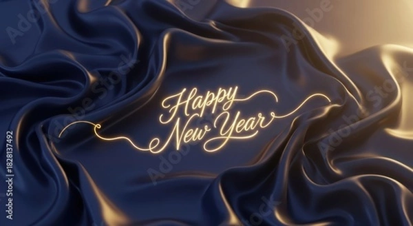 Obraz Happy new year golden glowing script on elegant blue satin fabric.