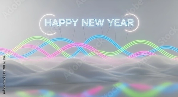 Fototapeta Happy new year neon sign with vibrant glowing waves abstract design