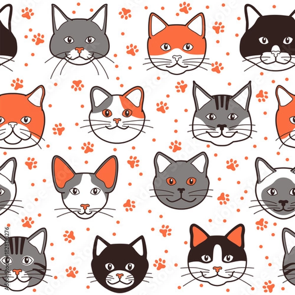 Fototapeta Cute different cat faces seamless pattern background