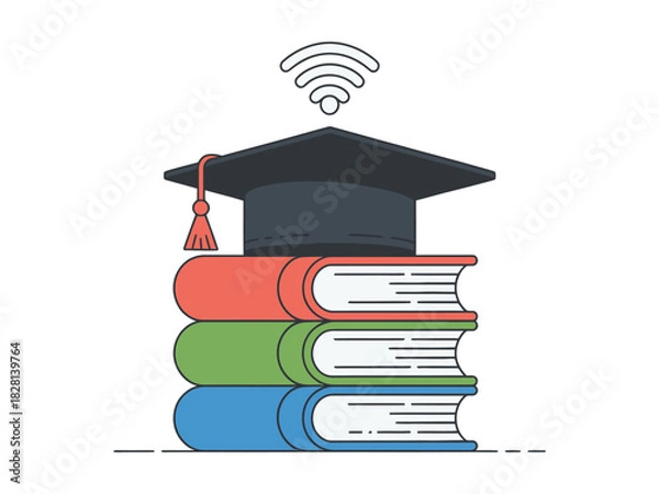 Fototapeta A graduation cap sits atop a stack of colorful books with a Wi-Fi symbol above it.