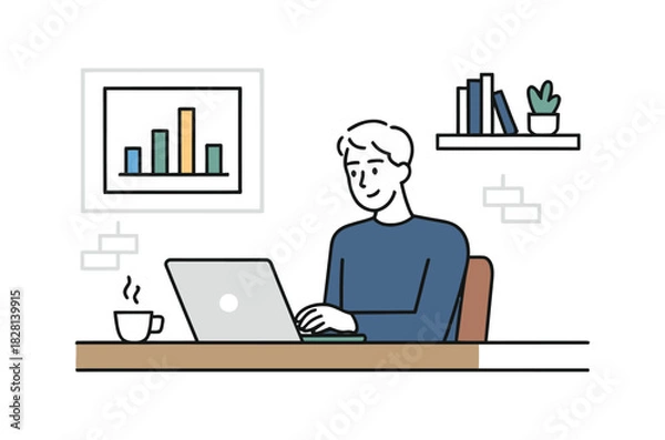 Fototapeta A man is working on a laptop computer at a desk with a cup of coffee.