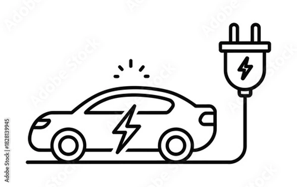 Fototapeta An electric car is being charged from a power outlet with a lightning bolt symbol.