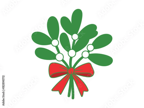 Fototapeta A sprig of mistletoe with a red ribbon bow is depicted against a white background.