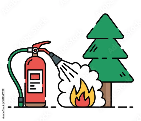 Fototapeta A fire extinguisher sprays water onto a small fire next to a green tree.