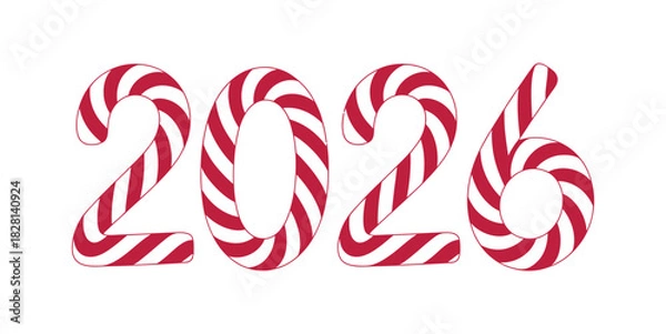 Fototapeta The year 2026 is depicted with candy cane stripes against a white background.