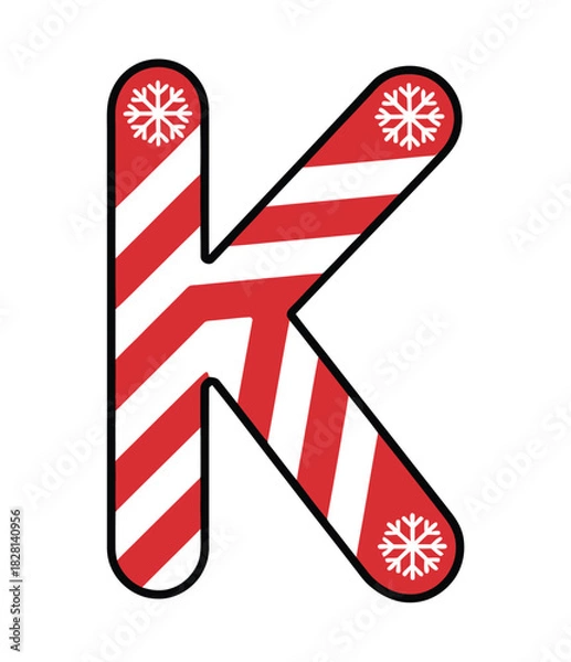 Fototapeta A red and white striped letter K with snowflakes, resembling a candy cane.