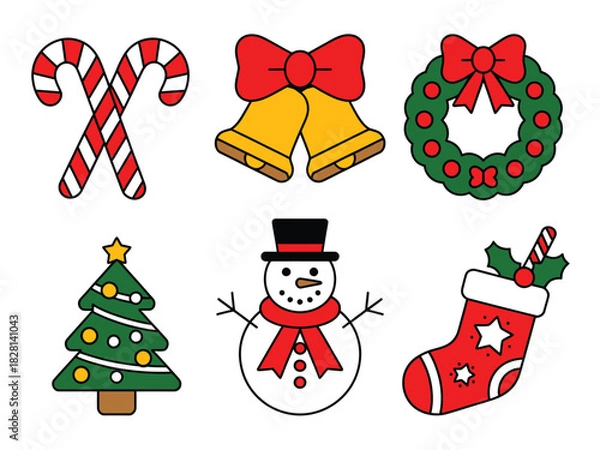 Fototapeta A collection of six festive Christmas holiday icons including a snowman, tree, and stocking.