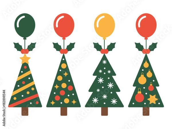 Fototapeta Four stylized Christmas trees are decorated with balloons and holly leaves.