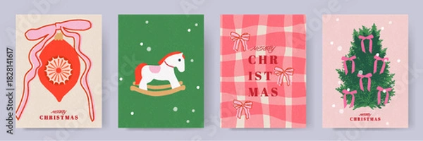 Obraz Set of Christmas illustrations. Classic Retro Christmas Composition with Ribboned Tree and Traditional Toy Decorations.  Merry Christmas.