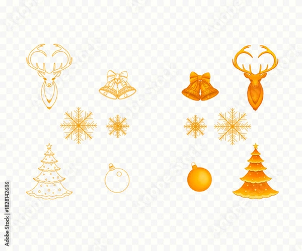 Fototapeta Christmas symbols: tree, deer, balls, snowflakes, bells in two different vector images on a transparent background.