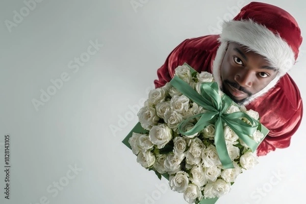 Obraz Cheerful Afro Santa delivery man holding a large bouquet of white roses in a festive setting for a holiday celebration