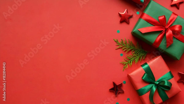Fototapeta Christmas Gift Flat Lay with Red and Green Presents, Stars and Evergreen Branches on Red Background