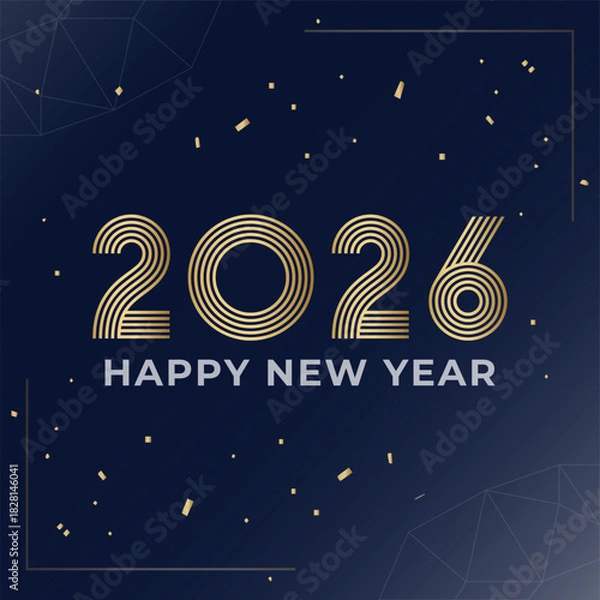 Fototapeta Elegant 2026 Happy New Year design with golden, abstract line art typography on a sophisticated dark blue background. Perfect for premium greeting cards, banners, and web.