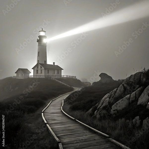 Fototapeta A solitary lighthouse stands tall on a misty coastline its powerful beam cutting through the fog to guide ships safely through the darkness illuminating a winding path