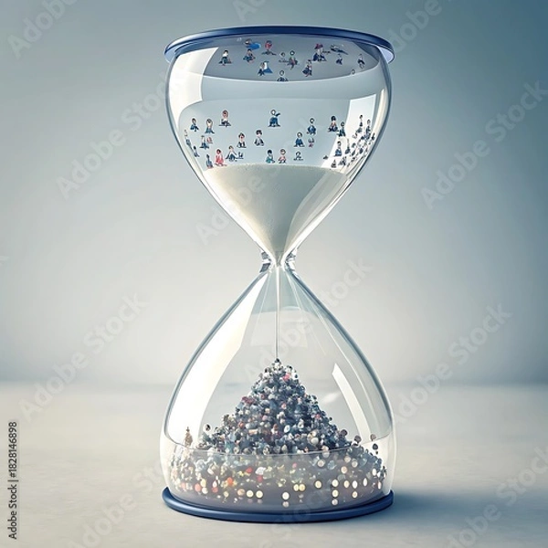 Obraz A crystal hourglass filled with shimmering silver beads and sand symbolizing the passage of time and the preciousness of moments slipping away