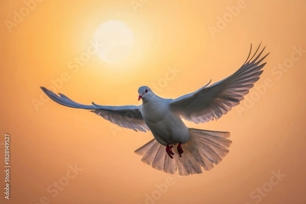 Obraz White Dove in Flight Against a Sunset Sky