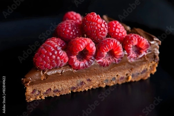 Obraz Raspberry Chocolate Tart Slice on Black Background