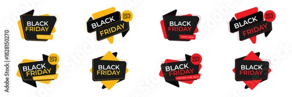 Obraz Black Friday discount badges with dynamic shapes and bold promotional style.