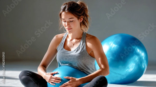 Fototapeta Calm pregnant woman sitting on a yoga mat, resting hands on her belly while leaning on a turquoise exercise ball
