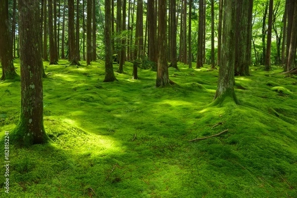 Obraz Lush Moss Forest Floor with Tall Trees - Sunlight and Shadows