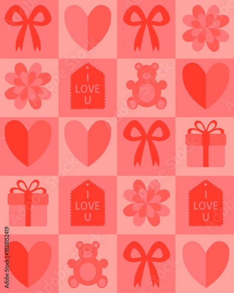 Obraz Charming stylized Valentine’s background with bright, playful elements. Ideal for both digital and print use, like textiles, gift wrap, banners, love-themed designs, cards, romantic decor, and ads.