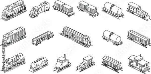 Fototapeta Isometric vector illustration set of various train cars and locomotives for transportation and logistics projects
