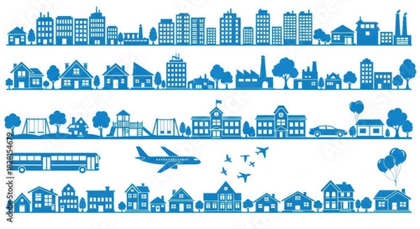 Fototapeta Diverse blue silhouette icons of urban and suburban elements including houses, buildings, trees, vehicles, and airplanes arranged in repeating rows on a transparent background. Concept of modern city