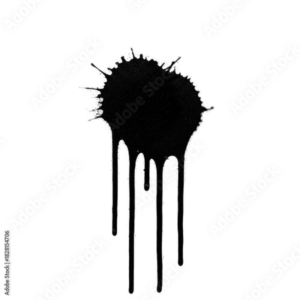 Fototapeta A large, textured black spray paint splatter with thick, downward drips and scattered ink dots, isolated on a transparent background with copy space, highlighting grunge textures, abstract art and